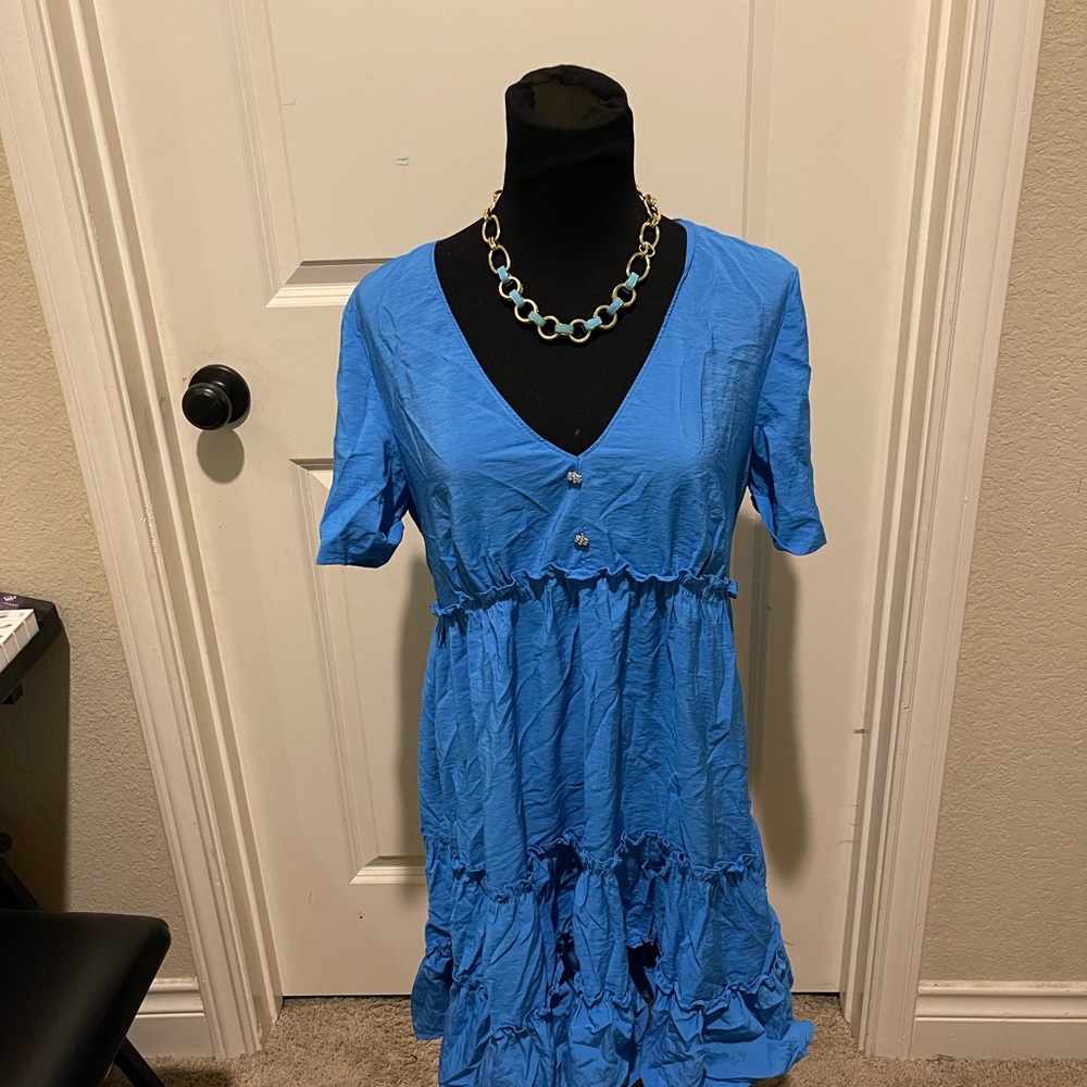 ZARA Vibrant Blue V-Neck Dress with Necklace